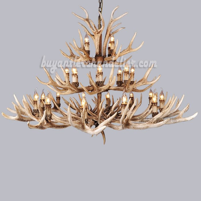 24 Antler Chandelier 12 + 8 + 4 Three Tiers Cast Cascade Candle-Style Ceiling Lights Rustic Lighting 47"