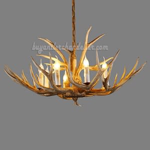 this candelabra-stylized chandelier is perfect for a mountain cabin or lake house.
