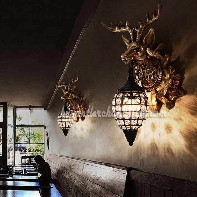 Stag Deer Head Antler Wall Sconces Lamps Hanging Lights Resin Faux Taxidermy Mount Decor Bronze