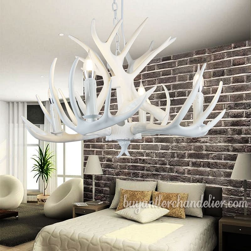 Pure White Deer Antler Chandelier 4 Cast Candle-Style Bedroom Ceiling Lights Rustic Lighting Fixtures Decor