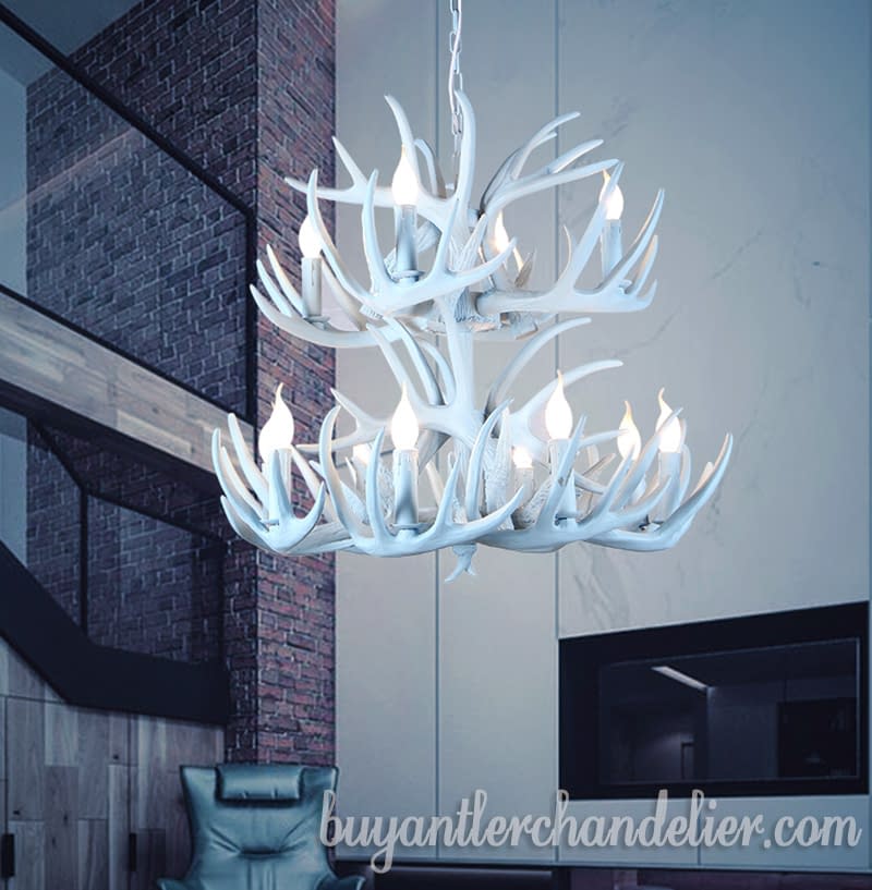 Sky-Blue Deer Antler Chandelier for Sale 8+4 Two Tiers Cascade 12 LED Pendant Lights Rustic Light Fixtures for Dining Living Room