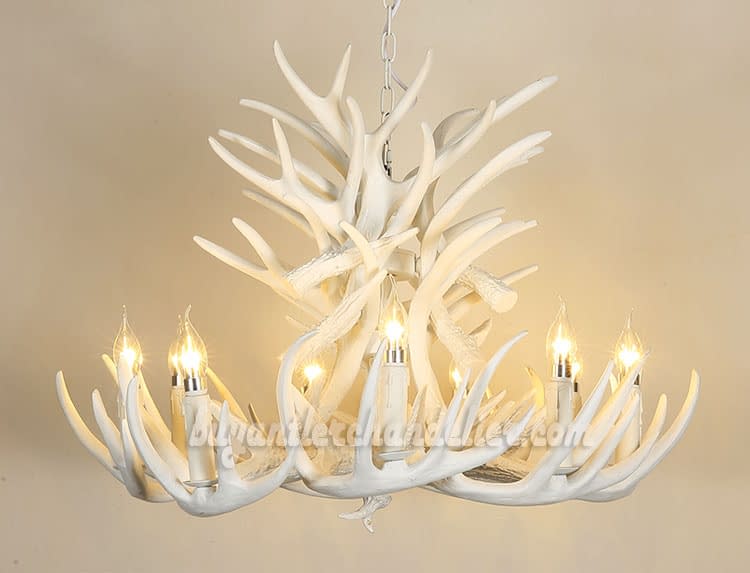Pure White 18 Cast Deer Antler Chandelier 9 Candelabra Ceiling Lights 3 Tiers Cascade Pendant Lighting