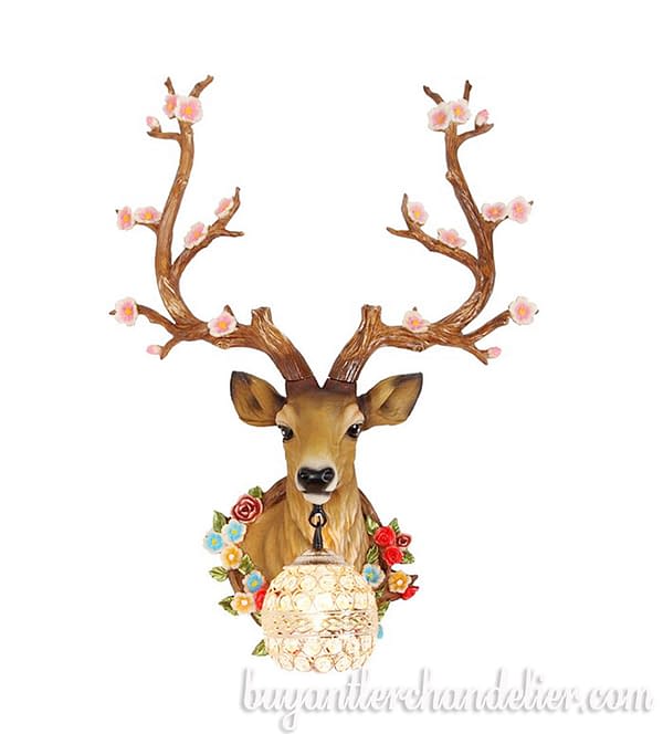 Faux Deer Head Wall Light Sconces Crystal Lamps Antler with Flowers Home Decorating Lighting Fixtures Mount - Left