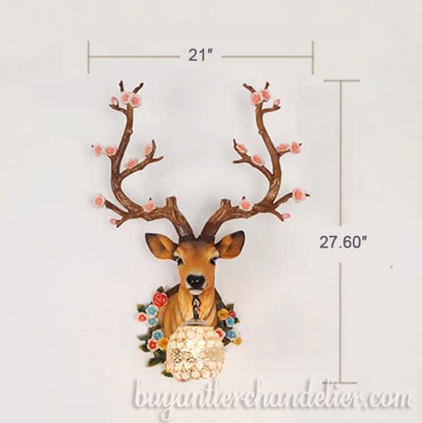Faux Deer Head Wall Light Sconces Crystal Lamps Antler with Flowers Home Decorating Lighting Fixtures Mount - Left