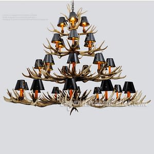 Deluxe 31 Cast Deer Antler Chandelier 12 9 6 4 Four Tiers Cascade Candle-Style Rustic Lights + Black Shades