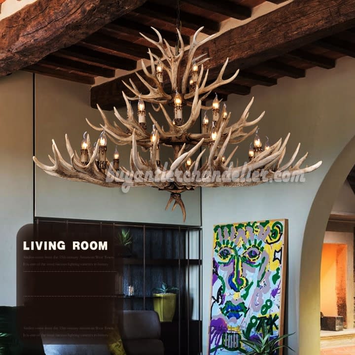 24 Antler Chandelier 12 + 8 + 4 Three Tiers Cast Cascade Candle-Style Ceiling Lights Rustic Lighting 47"