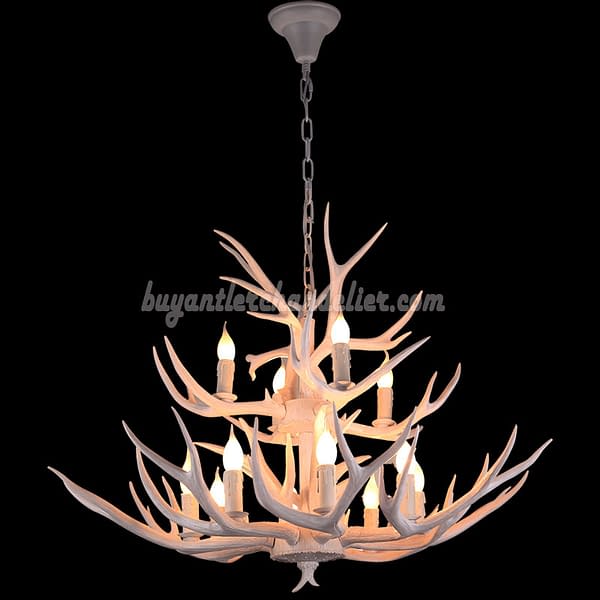 Pure White 12 Antler Deer Chandelier 8 + 4 Candle-Style Ceiling Lights 2 Tiers Cascade Hanging Lighting