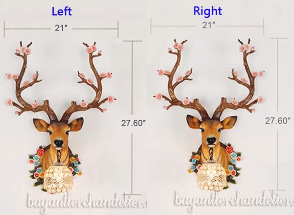 Faux Deer Head Wall Light Sconces Crystal Pendant Lights Antler with Flowers Home Decor Lighting Fixture Mount - Right