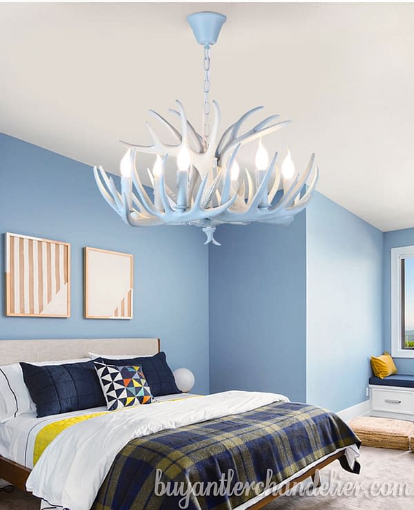 Deer Antler Chandelier for Bedroom 9 + 3 Nine Candelabra Ceiling Lights Rustic Light Fixtures Home Decor Sky-Blue With Plug LED Bulbs