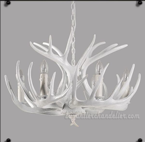 6 Cast Pure White Deer Antler Chandelier Six Candle-Style Hanging Lights Rustic Lighting Home Decor Fixtures