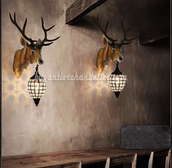 Deer Head Wall Mount Sconces Crystal Pendant Light Lamps Faux Taxidermy Sculpture Natural Color