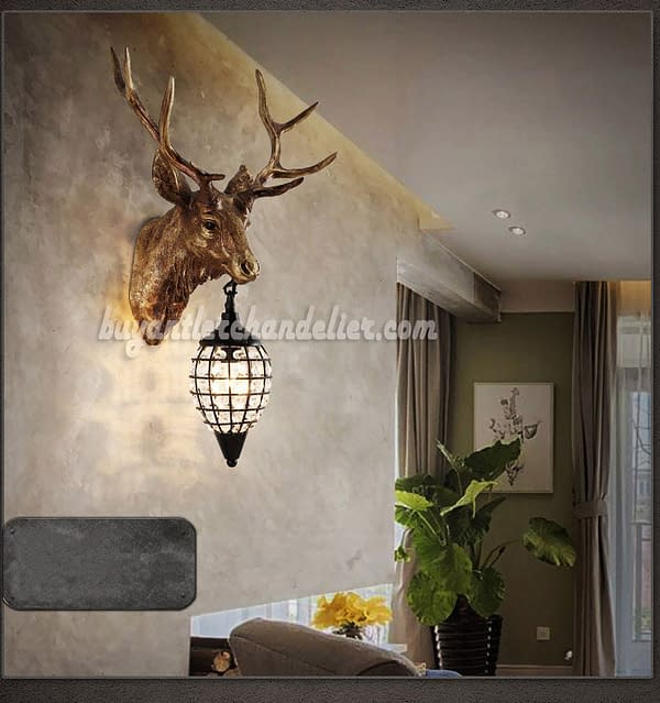 Antique Elk Deer Head Antler Wall Sconces Lamps Mount Crystal Pendant Light Faux Taxidermy Decor