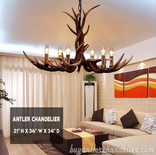 Six Cast Antler Chandelier 6 Candle-Style Lights Living Room Pendant Rustic Lighting Fixtures Deluxe Edition 34"