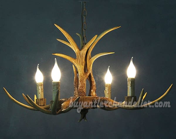4 Cast Deer Antler Chandelier Four Candle-Style Ceiling Lights Pendant Rustic Lighting Fixtures 27"